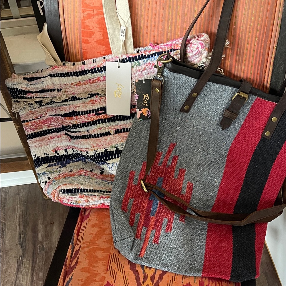 2 TAJ Handwoven Rag Tote & Red Tote Bag with Leather Straps(lot of 2)